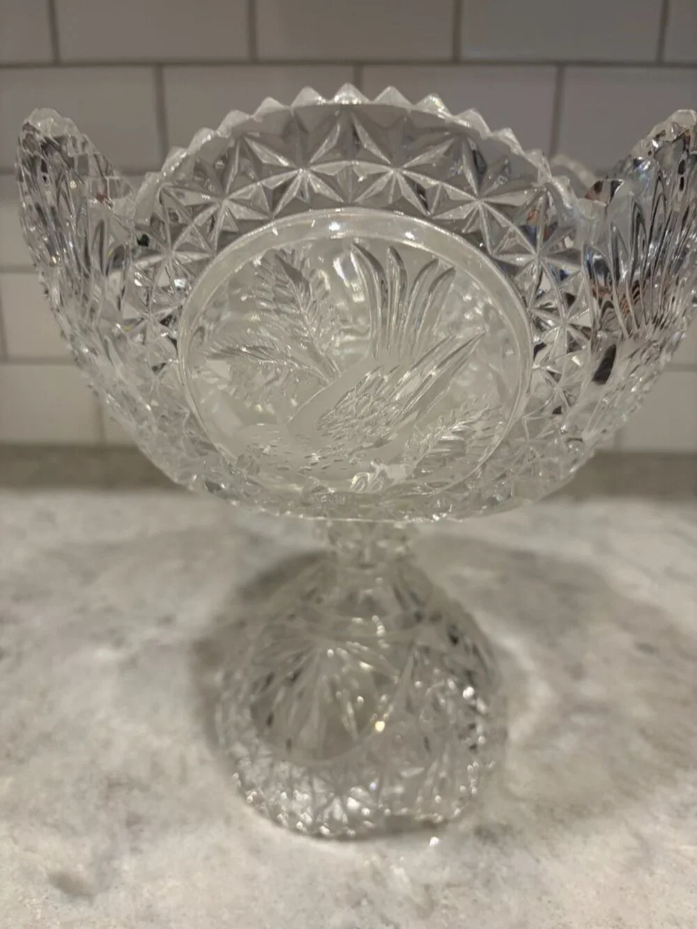 HOFBAUER Byrdes German Crystal Compote Bowl Etched Birds